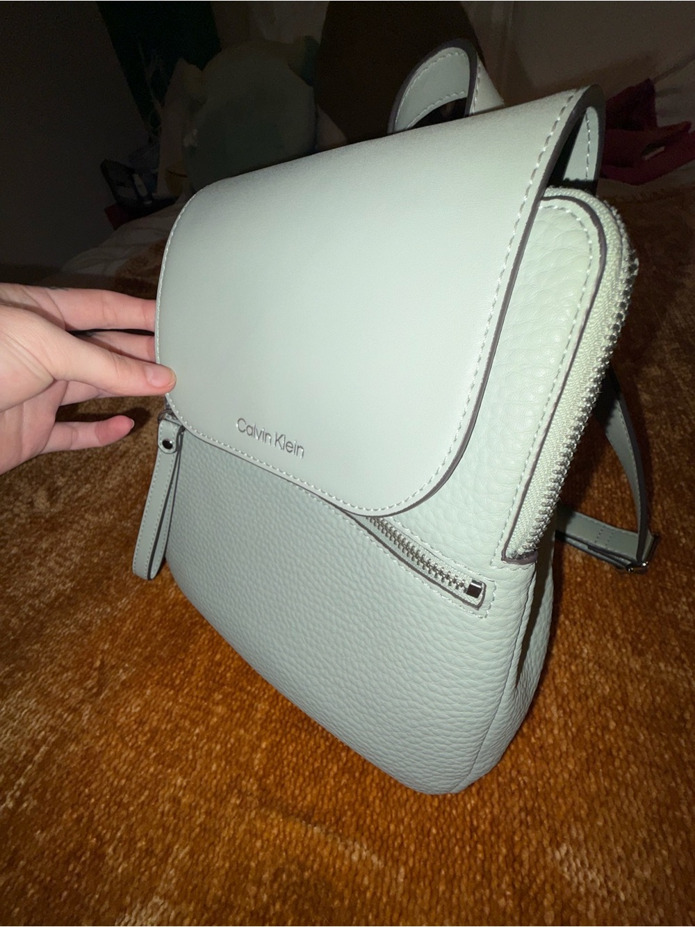 Calvin Klein Sage Green Mini Backpack/Crossbody w / Leather